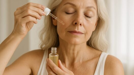 Woman over 40 applying a facial serum as part of her morning mature skin skincare routine