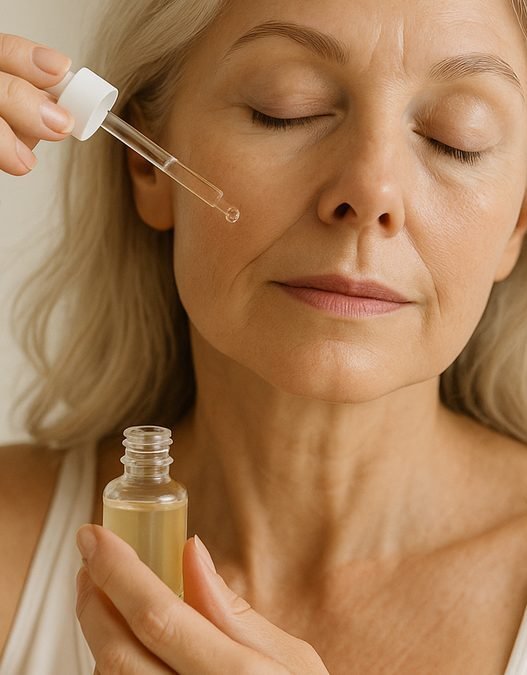 Woman over 40 applying a facial serum as part of her morning mature skin skincare routine