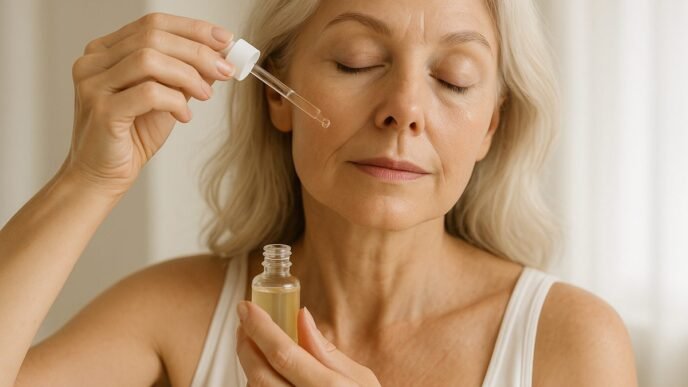 Woman over 40 applying a facial serum as part of her morning mature skin skincare routine