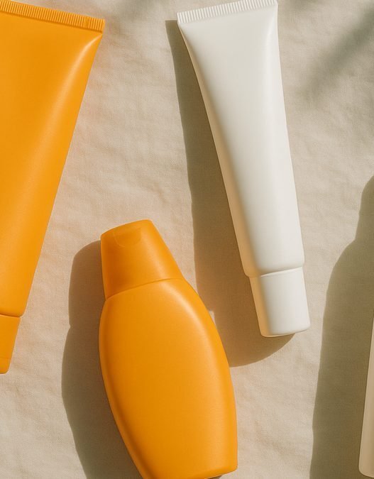 A flat lay of assorted sunscreen tubes, bottles and sticks arranged on a pastel surface