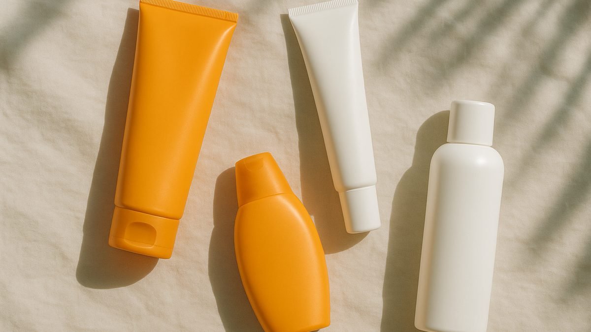 A flat lay of assorted sunscreen tubes, bottles and sticks arranged on a pastel surface