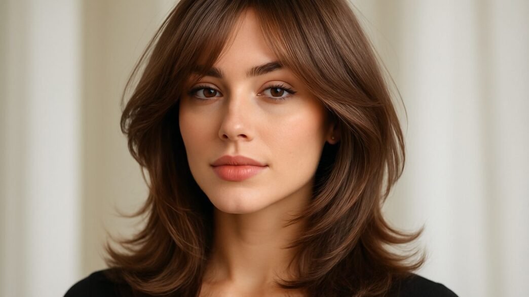 Woman with a layered curve cut, her face-framing layers curving inward to cup her face