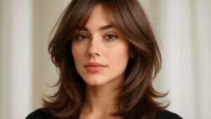 Woman with a layered curve cut, her face-framing layers curving inward to cup her face