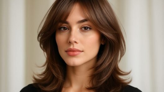 Woman with a layered curve cut, her face-framing layers curving inward to cup her face