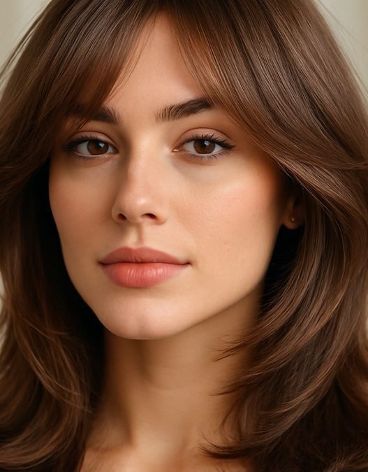 Woman with a layered curve cut, her face-framing layers curving inward to cup her face