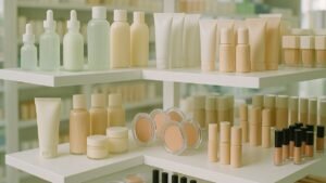 A selection of affordable drugstore skincare and makeup products arranged on a shelf