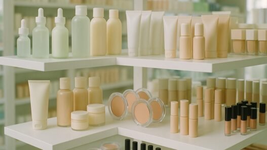 A selection of affordable drugstore skincare and makeup products arranged on a shelf
