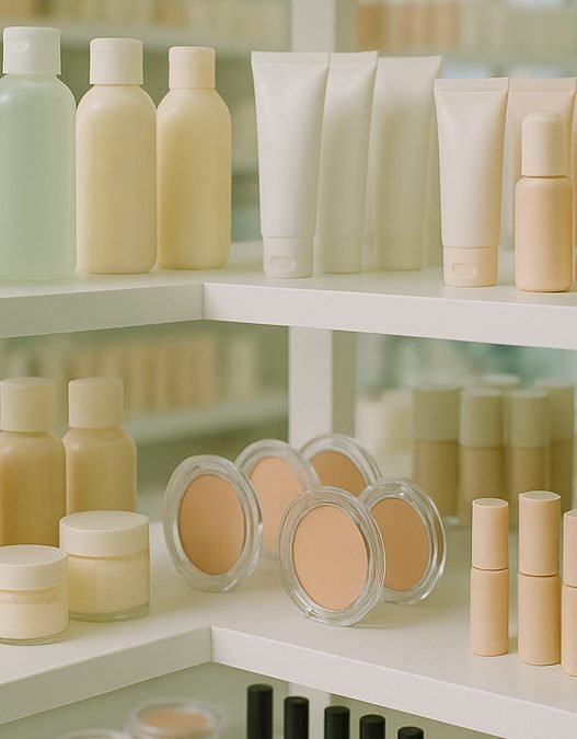 A selection of affordable drugstore skincare and makeup products arranged on a shelf