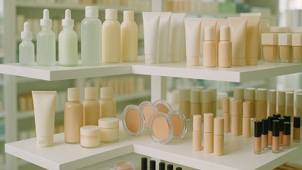 A selection of affordable drugstore skincare and makeup products arranged on a shelf