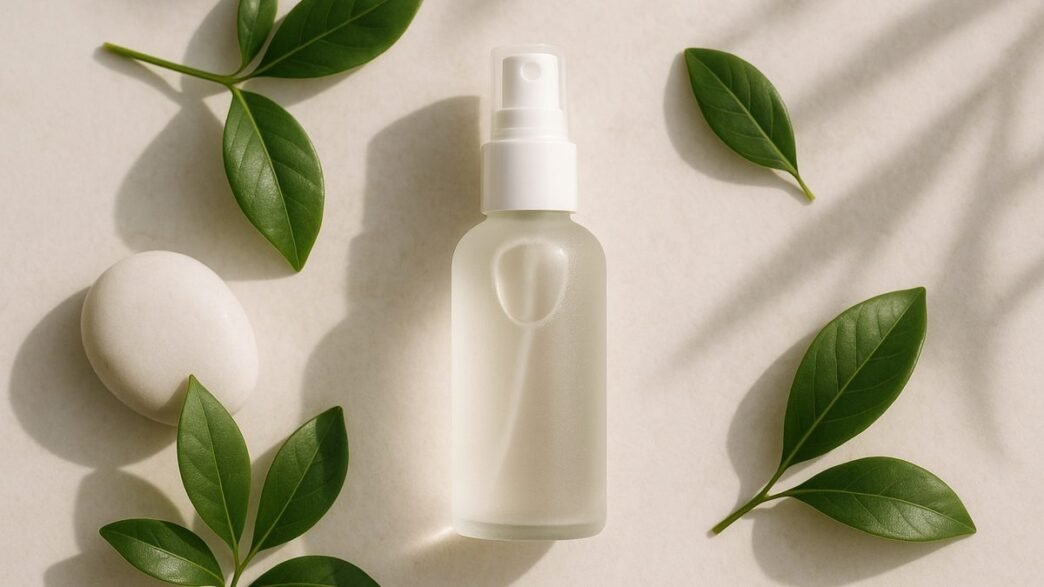 A hand holding a clear facial mist spray bottle against a soft neutral background