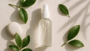 A hand holding a clear facial mist spray bottle against a soft neutral background