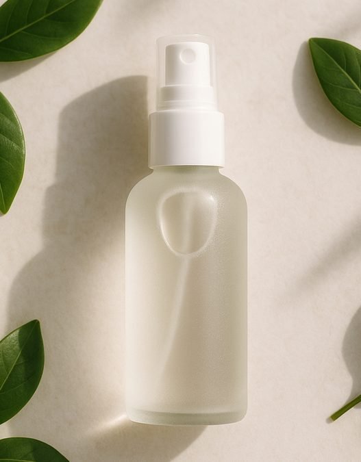 A hand holding a clear facial mist spray bottle against a soft neutral background
