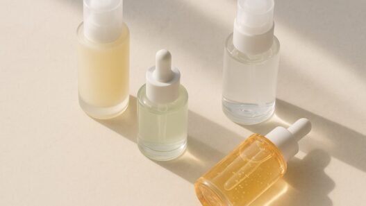 A flatlay of Korean beauty skincare products including essence, serum and sunscreen bottles on a soft background