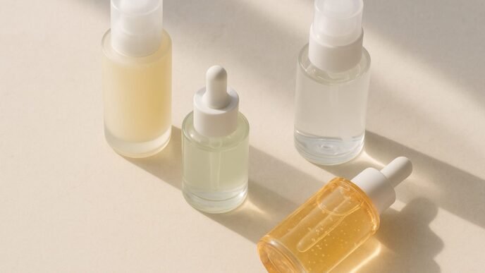 A flatlay of Korean beauty skincare products including essence, serum and sunscreen bottles on a soft background