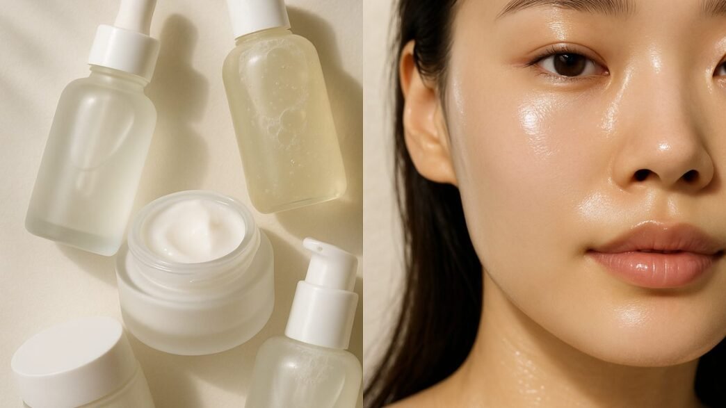 A flatlay of Korean skincare products including a milky toner and facial mist arranged on a soft surface