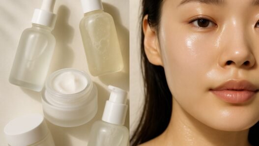 A flatlay of Korean skincare products including a milky toner and facial mist arranged on a soft surface