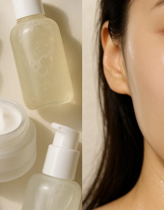 A flatlay of Korean skincare products including a milky toner and facial mist arranged on a soft surface