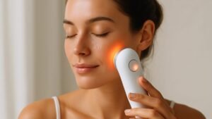 Person using a handheld at-home skincare booster device on their cheek for a glowing complexion