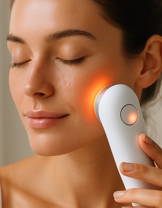 Person using a handheld at-home skincare booster device on their cheek for a glowing complexion