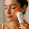 Person using a handheld at-home skincare booster device on their cheek for a glowing complexion