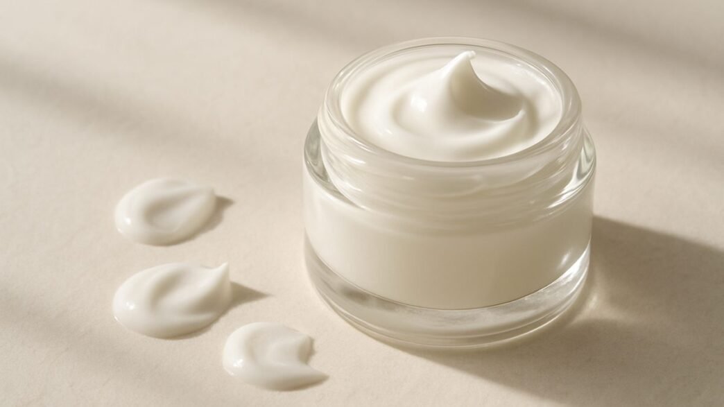 A clear gel-cream PDRN moisturiser swatched beside a skincare tube on a neutral background