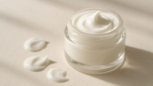 A clear gel-cream PDRN moisturiser swatched beside a skincare tube on a neutral background