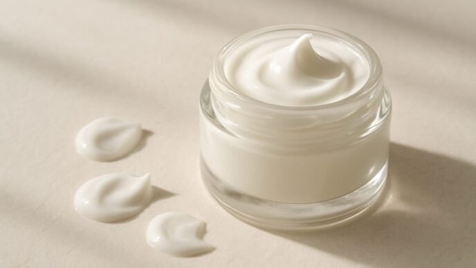 A clear gel-cream PDRN moisturiser swatched beside a skincare tube on a neutral background