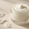 A clear gel-cream PDRN moisturiser swatched beside a skincare tube on a neutral background