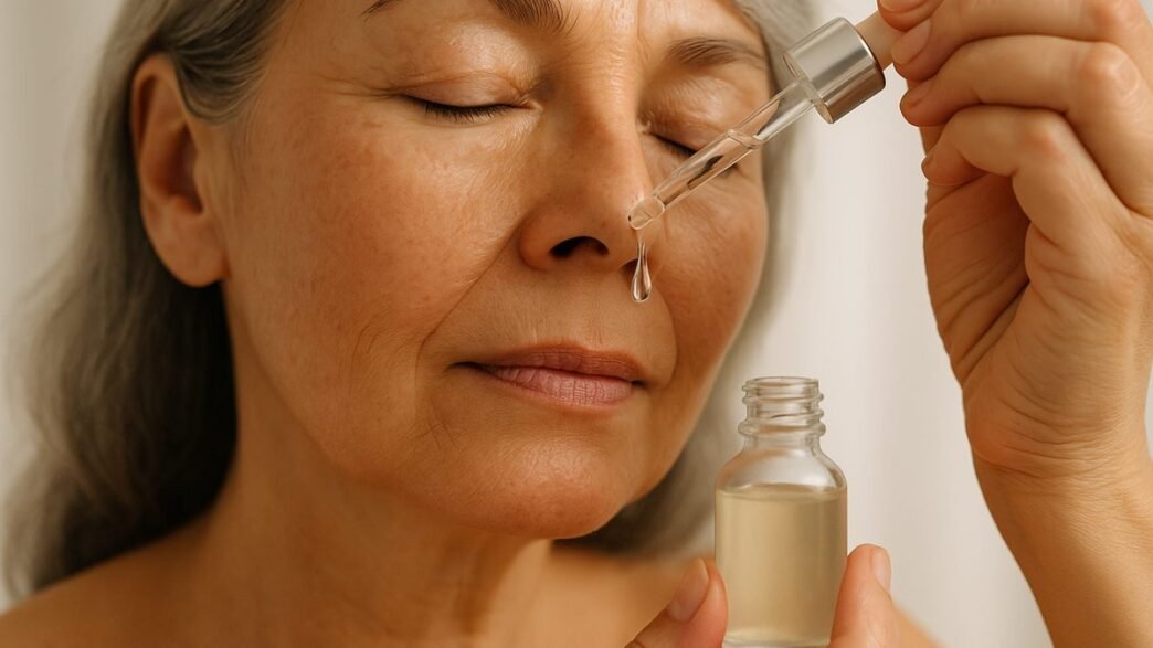 A glass serum dropper releasing a drop above a skincare bottle on a soft neutral background
