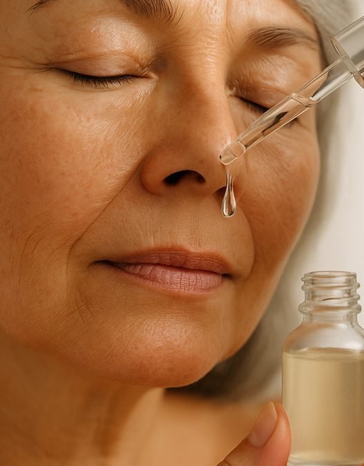 A glass serum dropper releasing a drop above a skincare bottle on a soft neutral background