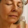 A glass serum dropper releasing a drop above a skincare bottle on a soft neutral background