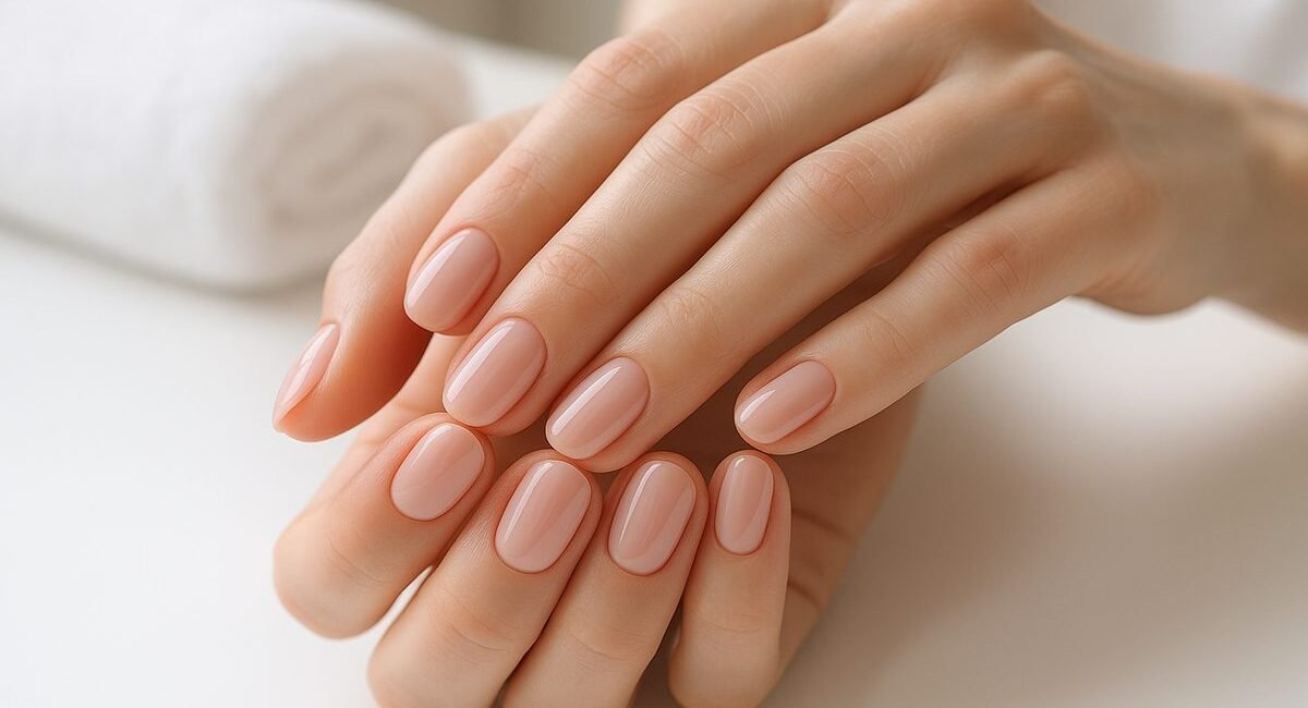 Close-up of hands with a fresh gel manicure at a nail salon