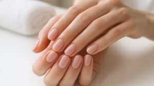 Close-up of hands with a fresh gel manicure at a nail salon