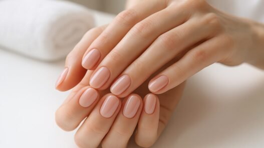 Close-up of hands with a fresh gel manicure at a nail salon
