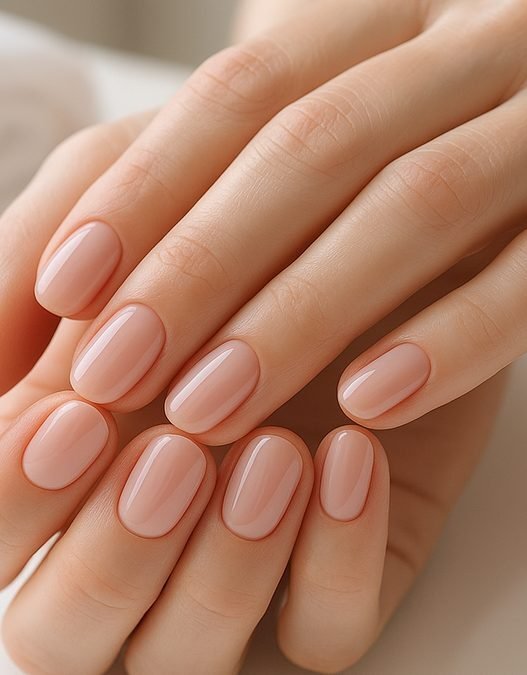 Close-up of hands with a fresh gel manicure at a nail salon