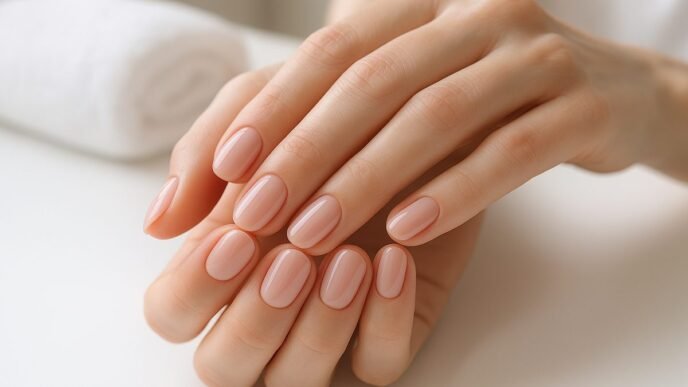 Close-up of hands with a fresh gel manicure at a nail salon